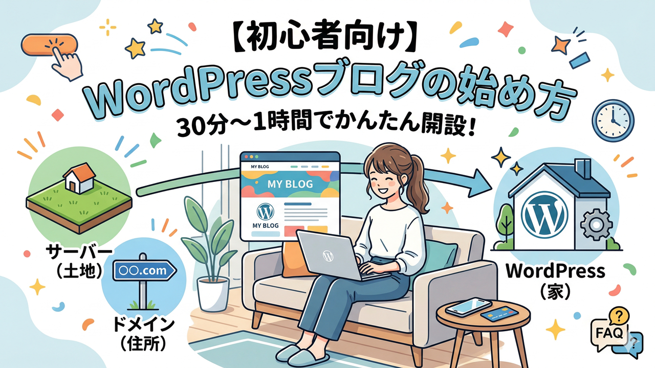 この記事では、WordPressを使ったブログの始め方について解説します。 現在は、レンタルサーバーの機能が格段に進化していて、簡単に開設できますので、安心してください。 初心者の方が一つひとつ確認しながら進めても、この記事の通りに操作すれば30分〜1時間ほどでブログが完成します。 では、さっそく、一緒にブログを作り始めましょう！ 目次 WordPressブログを始めるための全体像（サーバー・ドメインとの関係） ブログ開設に必要なものと費用・時間の目安 事前に準備すべき必要なもの（スマホ・PC・クレカなど） ブログ開設にかかる時間 ブログ運営にかかる初期費用と月額費用 【画像つき】WordPressブログの始め方・完全ステップ ステップ1：レンタルサーバーに申し込む ステップ2：WordPressかんたんセットアップを利用する ステップ3：お客様情報と支払い情報の入力 ブログが開設できたら絶対にやるべき初期設定 パーマリンク（記事URL）の設定 WordPressテーマ（デザイン）の導入 最低限必要なプラグインの導入 アナリティクス・サーチコンソールの設定 WordPressブログに関するよくある質問（FAQ） 無料ブログ（アメブロなど）との違いは？ スマホだけでもブログは書ける？ 本名や顔出しは必要？ まとめ WordPressブログを始めるための全体像（サーバー・ドメインとの関係） 実際の作業に入る前に、WordPressブログがどのような仕組みで成り立っているのか、全体像をサクッと把握しておきましょう。 専門用語が並ぶと難しく感じますが、インターネット上の「家づくり」に例えると、わかりやすいと思います。 サーバー ＝「土地」 ブログのデータ（記事や画像など）を保存しておくための場所です。まずは、家を建てるための土地をWeb上でレンタルします。 ドメイン ＝「住所」 「〇〇.com」や「〇〇.jp」といった、インターネット上におけるあなたのブログ専用のURLのことです。読者がブログ（家）に迷わずたどり着くための住所になります。 WordPress ＝「家」 ブログの記事を書いたり、デザインを整えたりするためのシステム本体です。土地（サーバー）と住所（ドメイン）が用意できたら、そこに家を建てます。 一昔前は、これら3つを別々の会社で契約して連携させるという、初心者にはハードルの高い作業が必要でした。 しかし現在は、レンタルサーバーの契約と同時に、ドメインの取得とWordPressの設置までを「すべて一括」で自動設定してくれる機能が主流になっています。 そのため、細かい仕組みや用語を完璧に理解する必要はありません。 「土地を借りて、住所を決めて、家を建てるんだな」というイメージだけ持った状態で、次の具体的な準備に進みましょう！ ブログ開設に必要なものと費用・時間の目安 WordPressブログの開設作業をスムーズに進めるために、あらかじめ準備しておくべきものと、費用および時間の目安を確認しておきましょう。 事前に準備すべき必要なもの（スマホ・PC・クレカなど） 手元に以下の3つを用意しておくと、作業がスムーズに進みます。 パソコンまたはスマートフォン クレジットカード メールアドレス では、それぞれについて簡単に説明します。 パソコンまたはスマートフォン サーバーの申し込みなど簡単な作業はスマホでもできますが、記事執筆や細かなデザインの変更などは、画面の大きいパソコンで行うのが基本になります。 今後、記事をたくさん書いていくことを考えると、パソコンがおすすめです。 クレジットカード レンタルサーバーの料金支払いにクレジットカードを使用します。 即座に決済が完了し、その日のうちにブログを開設できます。 クレジットカードをお持ちでない場合は、コンビニ払いや銀行振込に対応しているサーバーもあります。 メールアドレス サーバーの契約情報や、WordPressからの重要なお知らせを受け取るためにメールアドレスが必要です。 普段お使いのGmailやYahoo!メールなどのフリーメール（無料アドレス）で問題ありません。 ブログ開設にかかる時間 記事の冒頭でもお伝えした通り、初心者の方が手順を確認しながらゆっくり進めても、実際の入力作業は30分〜1時間程度で完了します。 ただし、1点だけ注意が必要です。 サーバーの契約を終えてから、インターネット上にブログのURL（ドメイン）やセキュリティ設定が完全に反映されるまで、システムの都合上30分から最大数時間ほどの待ち時間が発生することがあります。 そのため、時間に余裕があるタイミングで取り掛かるのがおすすめです。 ブログ運営にかかる初期費用と月額費用 WordPressというシステム（家）自体は、誰でも無料で使うことができます。 しかし、「土地（サーバー）」と「住所（ドメイン）」を維持するためのランニングコストがどうしてもかかります。 初期費用： 0円（※現在は初期費用無料のサーバー会社が主流） サーバー代： 月額1,000円前後 ドメイン代： 0円（※エックスサーバーやConoHa WINGでは、永久無料になるドメインが2つ与えられますので、そのうちの1つを使います。） つまり、月に1,000円ちょっとの出費でブログを持つことができます。 完全無料のブログサービス（アメブロなど）もありますが、突然のアカウント停止のリスクや、貼れる広告の制限があります。 将来的にブログで収益化を目指したり、消えない資産として長く育てていきたい場合は、この月額1,000円ちょっとは「必要経費」と考えましょう。 【画像つき】WordPressブログの始め方・完全ステップ ここからは、実際にWordPressブログを開設する具体的な流れを解説します。 現在主流となっている「エックスサーバー」や「ConoHa WING」などの大手レンタルサーバーでは、サーバー契約・ドメイン取得・WordPress導入のすべてを一括で行える「かんたんセットアップ」機能が用意されています。 ここでは全体の流れを3つのステップでざっくりと把握しておきましょう。 実際の申し込み画面（スクリーンショット）を見ながら作業を進めたい方は、各ステップに記載している詳細記事を参考にしてください。 ステップ1：レンタルサーバーに申し込む まずは、ブログのデータ保存場所となる「レンタルサーバー」の公式サイトにアクセスし、申し込みをスタートします。 個人ブログであれば、一番安価なベーシックなプラン（月額1,000円前後）を選んでおけば、容量・スピードともに十分なので、問題ありません。 ▶︎ 【詳細記事】初心者におすすめのレンタルサーバーと失敗しない選び方 ステップ2：WordPressかんたんセットアップを利用する プランを選択したら、そのまま申し込み画面の中で「WordPressかんたんセットアップ（※サーバー会社によって名称が異なります）」という機能を利用します。 このステップで、以下の情報を入力していきます。 ドメイン（ブログのURL）： 「〇〇.com」など、あなたのブログ専用のURLを決めます。一度決めたら後から変更できないため慎重に選びましょう。 ブログ名： ブログのタイトルを入力します（こちらは後からいつでも変更可能です）。 ログイン情報： WordPressの管理画面に入るための「ユーザー名」と「パスワード」を決めます。忘れないように必ずメモを取りましょう。 ▶︎ 【詳細記事】後悔しないブログのドメイン名の決め方と取得のコツ ステップ3：お客様情報と支払い情報の入力 最後に、契約者であるあなたの氏名・住所などの「お客様情報」と、クレジットカードなどの「支払い情報」を入力します。 すべての入力内容に間違いがないか確認し、「申し込む」ボタンを押せば、作業は完了です！ 決済が完了すると、自動的にサーバー側でWordPressのインストール作業が開始されます。 そして、数十分後には、インターネット上にあなた専用のブログが公開されます。 ↓ 実際の申し込み画面のスクショを見ながら一緒に進めたい方はこちら！↓ ▶︎ 【画像で解説】ConoHa WINGを使ったWordPress一括開設手順まとめ ブログが開設できたら絶対にやるべき初期設定 ブログが開設できたら、すぐにでも1記事目を書き始めたいところですが、その前にもう少しだけ設定が必要になります。 あとから変更すると大きなトラブル（アクセス数の激減など）を招く設定もあるため、ブログを作った直後の「記事がゼロ」の状態で、以下の4つを必ず済ませておきましょう。 パーマリンク（記事URL）の設定 パーマリンクとは、記事ごとの「個別URL」のことです。（例：https://あなたのドメイン/〇〇〇/ の「〇〇〇」の部分） これをWordPressの管理画面から「投稿名（記事タイトルに合わせて自由に設定できる形式）」に変更しておきます。 途中でパーマリンクの設定を変えてしまうと、それまで獲得していたGoogleからのSEO評価がリセットされてしまうため、必ず最初に行うべき最重要設定です。 ↓パーマリンクの設定については、こちらの記事を参考にしてください。↓ ▶︎ パーマリンクの設定 WordPressテーマ（デザイン）の導入 WordPressテーマとは、ブログ全体のデザインや機能をワンクリックで着せ替えできるテンプレートのことです。 テーマを導入することで、プログラミングの知識が一切なくても、プロが作ったようなおしゃれなブログが一瞬で完成します。 また、SEO対策（検索上位に表示させるための対策）があらかじめ施されている点も大きなメリットです。 無料テーマの代表格： Cocoon（無料とは思えないほどの高機能で大人気） 有料テーマの代表格： SANGO、JIN:Rなど（デザイン性が高く、記事の執筆スピードが格段に上がります） ↓WordPressテーマの導入については、こちらの記事を参考にしてください。↓ ▶︎ WordPressテーマの導入方法 最低限必要なプラグインの導入 プラグインとは、スマートフォンの「アプリ」のようなもので、WordPressに便利な機能を追加できるシステムです。 スパムコメントを防止するもの、セキュリティを強化するもの、目次を自動作成するものなど様々な種類があります。 ただし、入れすぎるとブログの表示速度が遅くなったり、不具合の原因になったりするため、最初は以下の用途に絞って必要最低限（3〜5個程度）に留めておきましょう。 セキュリティ強化 スパムコメント対策（Akismetなど） バックアップ取得 サイトマップ作成（Googleに記事を認識してもらうため） ↓プラグインの導入については、こちらの記事を参考にしてください。↓ ▶︎ プラグインの導入方法 アナリティクス・サーチコンソールの設定 アナリティクスとサーチコンソールはともに、Googleが提供しているアクセス解析ツールで、無料で使えます。 Googleアナリティクス： 「何人の読者が来たか」「どの記事がよく読まれているか」が分かります。 Googleサーチコンソール： 「どんな検索キーワードでブログに辿り着いたか」「Googleに正しく記事が認識されているか」が分かります。 これらのツールは「設定した日からのデータ」を収集するため、まだアクセスがゼロの間に連携を済ませておくのが理想です。 ↓アクセス解析ツールの導入については、こちらの記事を参考にしてください。↓ ▶︎ Googleアナリティクスの導入方法 ▶︎ Googleサーチコンソールの導入方法 WordPressブログに関するよくある質問（FAQ） 最後に、いざブログを始めようとした時に初心者が抱えやすい疑問や不安にお答えします。 無料ブログ（アメブロなど）との違いは？ 最大の違いは、「自分の資産になるかどうか」と「収益化の自由度」です。 アメブロやはてなブログなどの無料サービスは、例えるなら「間借りしている部屋」です。 運営会社のルールに従う必要があり、突然ブログが削除されてしまったり、自分が貼りたいアフィリエイト広告が制限されたりするリスクがあります。 一方、毎月1,000円程度のコストをかけて運営するWordPressブログは「自分の持ち家」です。 ルールはすべて自分で決められるため、広告の配置もデザインも自由自在。 突然消される心配もなく、努力した分だけ自分の資産として積み上がっていきます。 ブログで収入を得たいと考えているなら、WordPress一択と言って間違いありません。 スマホだけでもブログは書ける？ 結論から言うと、書くこと自体はスマホだけでも可能ですが、本格的な運営にはパソコンを強くおすすめします。 WordPressにはスマホ用のアプリもあり、ブラウザからログインして記事を書くこともできます。 そのため、「通勤電車の中で記事の下書きをする」「出先で誤字脱字をサクッと直す」といったスキマ時間の活用にはスマホが非常に便利です。 しかし、文字の色を変えたり、画像を綺麗に配置したり、ブログ全体のデザインを整えたりといった作業は、画面の小さなスマホでは非常に時間とストレスがかかります。 効率よくブログを育てていくためにも、メインの作業はパソコンで行うのが基本です。 本名や顔出しは必要？ 本名も顔出しも、一切必要ありません。 実際に、月に数十万〜数百万円を稼いでいるトップブロガーの多くも、本名ではなく「ペンネーム（匿名）」で活動し、顔写真の代わりに「オリジナルのイラストアイコン」を使用しています。 身バレ（家族や会社にバレること）の心配をする必要はありませんので、あなたの好きなテーマや得意なジャンルで、安心して情報発信を楽しんでください。 まとめ 最後までお読みいただき、ありがとうございます！ 「難しそう」というイメージを持たれがちなWordPressですが、現在は各レンタルサーバーの「かんたんセットアップ機能」のおかげで、専門知識がなくても驚くほどスムーズに開設できるようになりました。 改めて、この記事の重要なポイントを振り返ります。 ブログの仕組み： サーバー（土地）、ドメイン（住所）、WordPress（家）の3つで成り立つ 費用と時間： 費用は月額1,000円程度のサーバー代のみ。約30分〜1時間で開設可能 開設手順： サーバー契約と同時にドメイン取得・WordPress導入まで一括で完了できる 開設後： パーマリンク設定やテーマ導入など、稼ぐための土台作りを必ず最初に行う 「ブログを始めてみたい」と思ってこの記事を読んでいる今が、一番モチベーションが高く、行動を起こすのに絶好のタイミングです。 まずは最初の第一歩としてサクッとブログを開設し、あなただけの「記念すべき1記事目」を書いてみましょう！ あなたのブログ運営が素晴らしいものになるよう、応援しています。